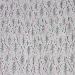 May include: White fabric with a pink and gray chevron pattern. The pattern features small, stylized leaves.