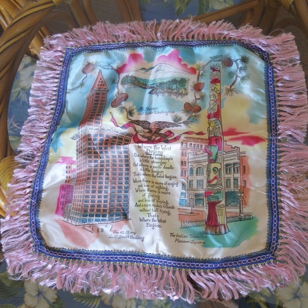 Vintage Seattle Tourist Souvenir 17" Square Pillow Cover, As Is!, Damaged on Back, See Pics, Off White Synthetic Satin with Pink Fringe