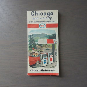 Vintage carte routière en papier dépliante en papier Enco de Chicago et des environs, telle quelle, déchirée et fendue sur la ligne de pliage, Humble Oil and Refining Company