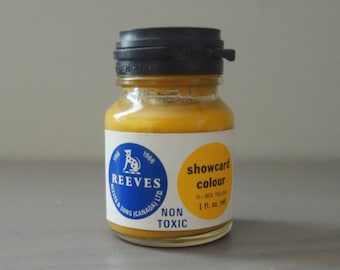 Vintage Paint Jar, Reeves and Sons Canada Ltd Showcard Colour #35 Medium Yellow Unopened 1 Ounce Glass Jar with Plastic Lid