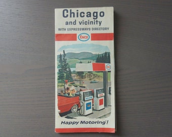 Vintage Enco Gas Station Paper Fold Out Road Map of Chicago and Vicinity, As Is, Torn & Split on Fold Line, Humble Oil and Refining Company