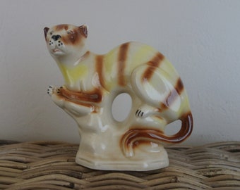 Vintage Cat Figurine, 6" Tall x 6.5" Wide on 3" Deep Base, Made in Brazil, Brown and Yellow Striped Puma Type Wild Cat, Marker on Bottom