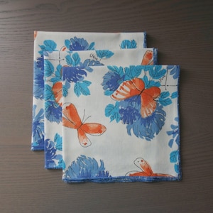 Vintage Vera Napkins, Set of 3, Blue Flowers & Orange Butterflies (15.5&quot; x 15.25&quot;)