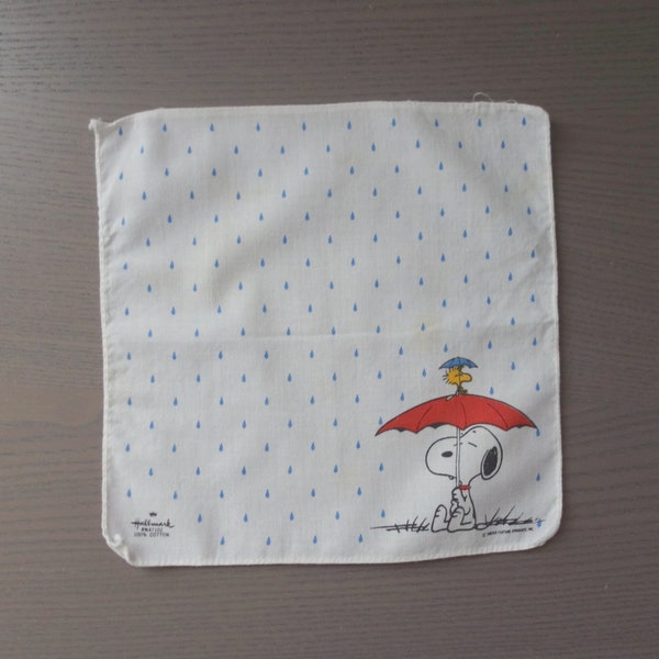 Vintage Peanuts 8.25" Square Handkerchief, As Is, Please See Photos of Faint Stains, Snoopy and Woodstock in the Rain with Red Umbrella