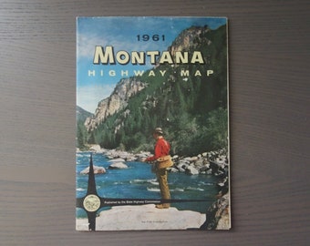 Vintage 1961 State of Montana Fold Out Highway Map, 36" x 19" When Opened, Some Splits on Fold Lines/General Damage (Please See Photos)