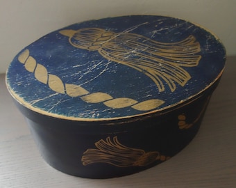 Vintage Shaker Box, As Is, Cracked Lid, Please See Photos for Rest of Damage, 12" Wide x 9" Deep x 5.5" High, Painted Blue with Gold Tassels