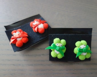 Vintage Googly Eye Pierced Earrings, Set of Two in Red & Green, .75" Wide x .75" Tall, Felt Pom Pom Bears w/Bow Ties, from Skaggs Drug Store