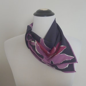 Vintage Vera Neumann Polyester Scarf, As Is, Purple and White Abstract Floral Design, 20.5&quot; x 21&quot;, Has Two Small Holes (See Pics)