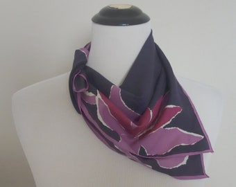 Vintage Vera Neumann Polyester Scarf, As Is, Purple and White Abstract Floral Design, 20.5" x 21", Has Two Small Holes (See Pics)