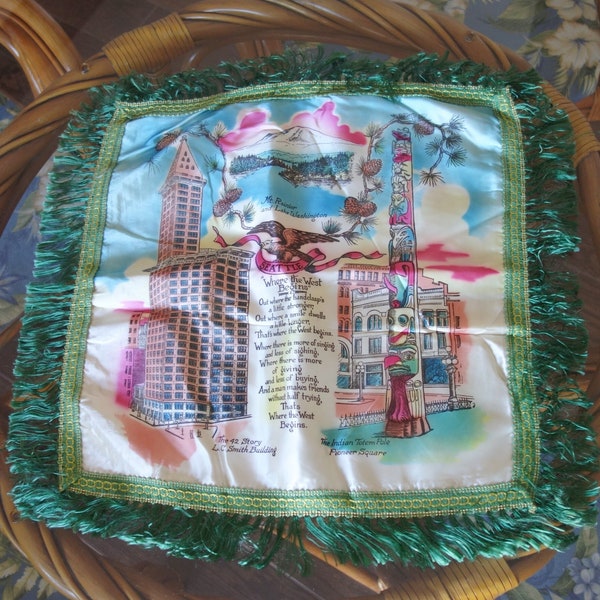 Vintage Seattle Tourist Souvenir 17" Square Pillow Cover, As Is!, Damaged on Back, See Pics, Off White Synthetic Satin with Green Fringe