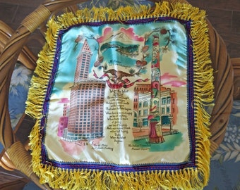 Vintage Seattle Tourist Souvenir 17" Square Pillow Cover, As Is!, Damaged on Back, See Pics, Light Yellow Synthetic Satin with Yellow Fringe
