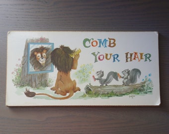 Comb Your Hair! As Is 12" x 6" Vintage Plywood & Paper Wall Sign w/Lion and Squirrels from Ayr-Way Discount Store, Please See Pics of Damage