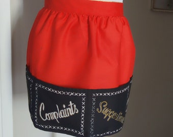 Vintage Half Apron, Red, Black, White and Metallic Gold Apron with Bottom Pocket for Tips, Complaints, Suggestions, & Compliments, Has Spot