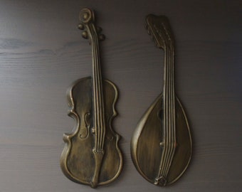 Vintage Wall Hangings, Set of Two Metal Instruments by Royal, As Is, Chipped and Discolored, Can Be Repainted if Desired, Vintage Home Decor