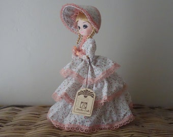 Vintage Bradley Doll, 10" Tall Ellen Doll with Tag Attached, Blonde Braids, White and Pink Floral Dress with Pink Lace