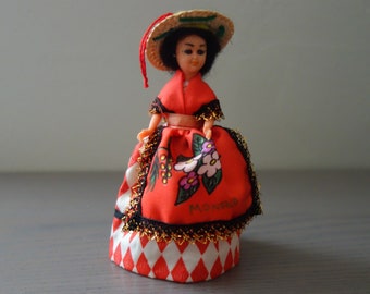 Vintage Monaco Doll, 5.25" Tall Plastic Doll with Straw Hat Pinned On, Fabric Dress, Tourist Souvenir Hangs From String on Hat, Eyes Close