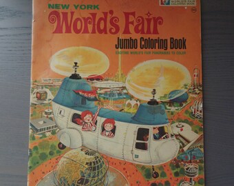 Vintage Official New York World's Fair Jumbo 11" x 14" Coloring Book w/No Coloring Inside, As Is, Has Name on Cover, Damaged Pages, Stains