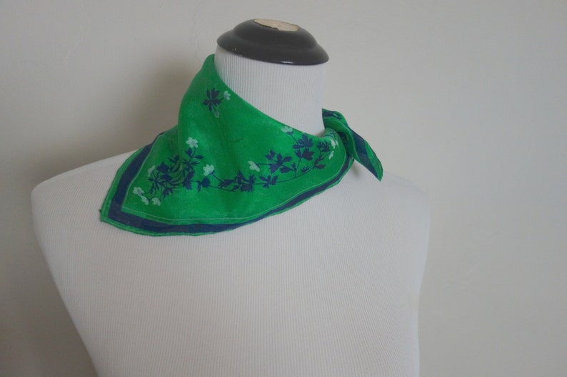 Vintage Vera Small Green Silk Scarf with Navy Blue and White Flowers, Hand Rolled Edges, 16 x 16.25, Please See Photos of Hole, Abrasions image 5