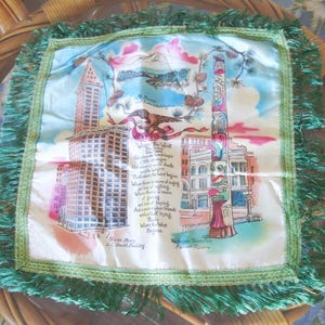 Vintage Seattle Souvenir Pillow Cover: L.C. Smith Building, Green Fringe (As Is)