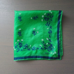 Vintage Vera Small Green Silk Scarf with Navy Blue and White Flowers, Hand Rolled Edges, 16 x 16.25, Please See Photos of Hole, Abrasions image 1