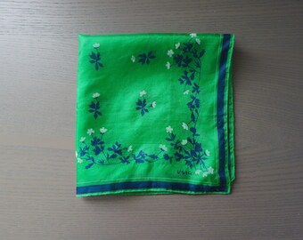 Vintage Vera Small Green Silk Scarf with Navy Blue and White Flowers, Hand Rolled Edges, 16" x 16.25", Please See Photos of Hole, Abrasions