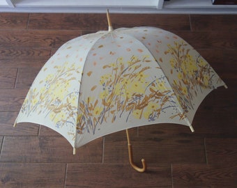 Vintage Water Colors by Vera Neumann Umbrella, As Is, Fabric Rip Needs Repair, Please See Pics, Cream/Yellow Floral Pattern with Wood Handle