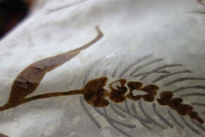 Vintage Taffeta Fabric Cream Colored with BrownMetallic Silver Wheat Design 7 Yards Possibly Painted Silk Please Read Description As Is