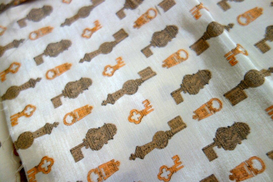 Key Print Fabric, Vintage, 4 Yards Available, Cream Colored With Gold