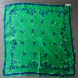 Vintage Vera Small Green Silk Scarf with Navy Blue and White Flowers, Hand Rolled Edges, 16 x 16.25, Please See Photos of Hole, Abrasions image 4