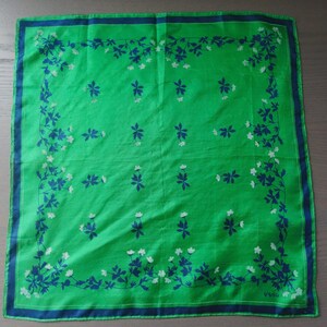 Vintage Vera Small Green Silk Scarf with Navy Blue and White Flowers, Hand Rolled Edges, 16 x 16.25, Please See Photos of Hole, Abrasions image 3