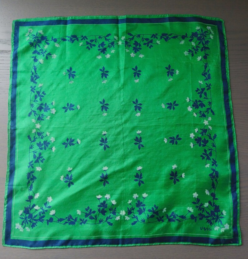 Vintage Vera Small Green Silk Scarf with Navy Blue and White Flowers, Hand Rolled Edges, 16 x 16.25, Please See Photos of Hole, Abrasions image 3