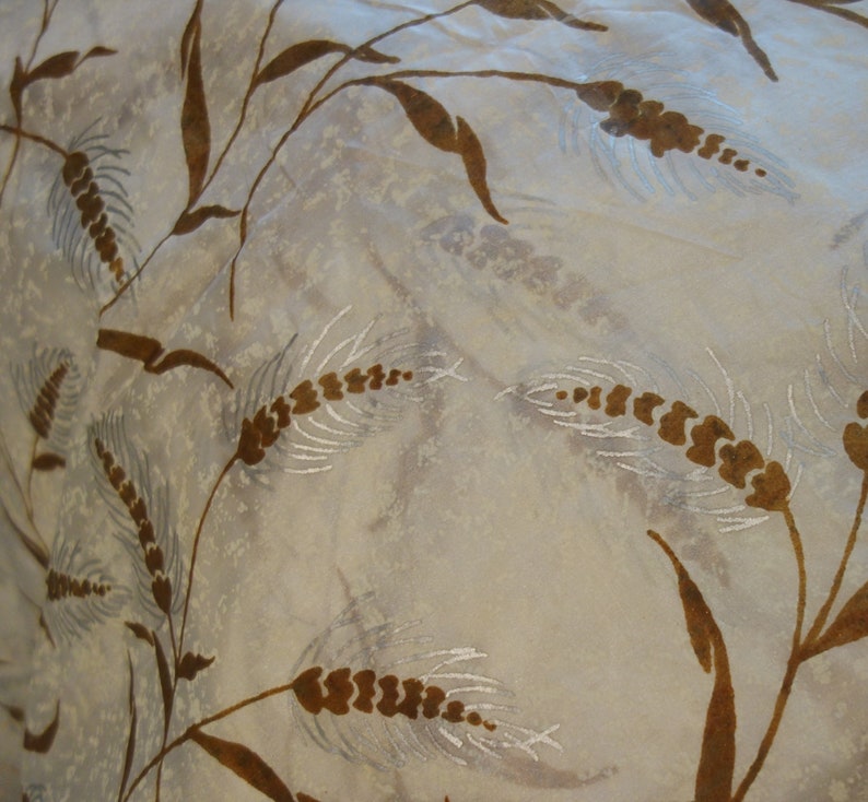 Vintage Taffeta Fabric Cream Colored with BrownMetallic Silver Wheat Design 7 Yards Possibly Painted Silk Please Read Description As Is
