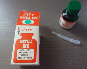 Vintage Jiffy Shachihata Refill Ink Bottle in Green, Nearly Empty Glass Bottle with Plastic Eye-Dropper, For Markers and Felt Tip Pens