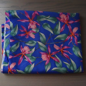 Vintage Hoffman Tropical Fabric: Blue Orchids, Green Leaves (2 Yards)