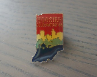 Vintage Indiana State Pin, Hoosier Celebration '88 1" x .5" Small Enamel and Metal Pin by Pages Plus, Some Discoloration to Enamel
