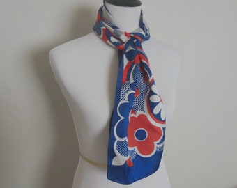 Vintage Acetate Scarf in Red, White and Blue 60s Floral Pattern, Has Small Spot & 2 Small Holes (Shown in Photos), Made in Japan, 13" x 44"