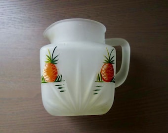 Vintage Glass Pitcher, As Is, Federal 32 Oz (4 Cup, 1 Qt, .9 L) Frosted Pitcher w/Painted Pineapples, Scratches, Chips on Handle, Scratches