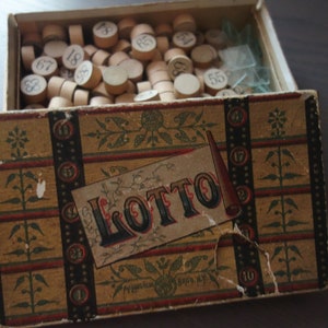 Antique 1900s Lotto Game by McLoughlin Bros with 24 Paper Cards, 89 Wood Number Pieces and 57 Glass Squares, All Damaged from Wear and Age