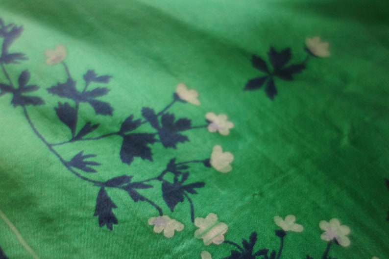 Vintage Vera Small Green Silk Scarf with Navy Blue and White Flowers, Hand Rolled Edges, 16 x 16.25, Please See Photos of Hole, Abrasions image 6