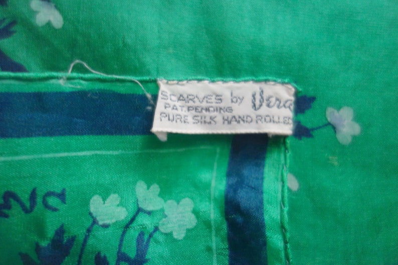 Vintage Vera Small Green Silk Scarf with Navy Blue and White Flowers, Hand Rolled Edges, 16 x 16.25, Please See Photos of Hole, Abrasions image 8