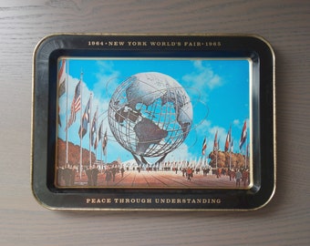 Vintage 1964 New York World's Fair Metal Tray, 11" x 8" with John Wenrich Image of US Steel Unisphere and Flags, Please See Pics of Damage