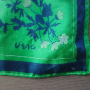 Vintage Vera Small Green Silk Scarf with Navy Blue and White Flowers, Hand Rolled Edges, 16 x 16.25, Please See Photos of Hole, Abrasions image 7