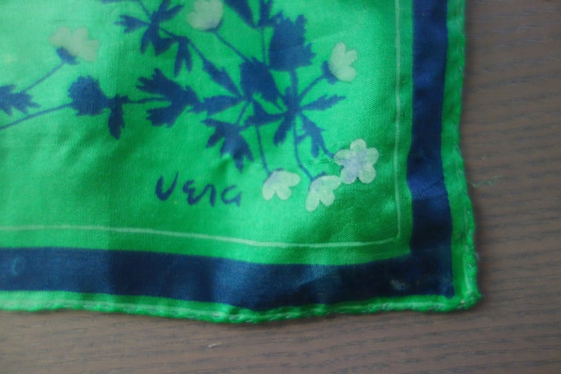 Vintage Vera Small Green Silk Scarf with Navy Blue and White Flowers, Hand Rolled Edges, 16 x 16.25, Please See Photos of Hole, Abrasions image 7