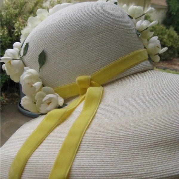 Vintage Cream Wide Brim Hat with White Cherry Blossoms and Yellow Velvet Ribbon Free Shipping in the US