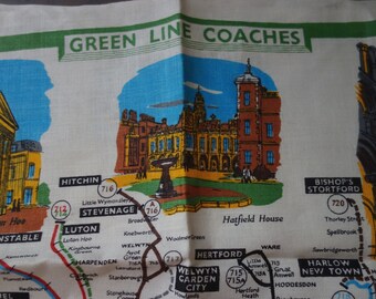 Vintage Tea Towel by Blackstaff, London Transport Map, Route Numbers/Illustrations for Green Line Coaches 21.25" x 31.25" (54 cm x 79.4 cm)