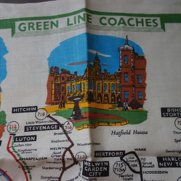 Vintage Tea Towel by Blackstaff, London Transport Map, Route Numbers/Illustrations for Green Line Coaches 21.25" x 31.25" (54 cm x 79.4 cm)