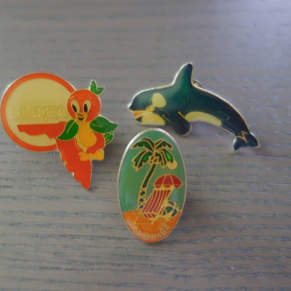 Vintage Florida Pins, Three Small Enamel Pins with Killer Whale, Orange Bird, and Tropical Beach Scene, All Have Some Wear &/or Discoloring