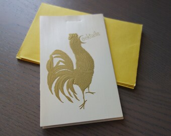 Vintage Cocktail Party Invitations, As Is, Cards and Envelopes Damaged by Metal Clip, Set of 6 with Embossed Gold Rooster, Yellow Envelopes