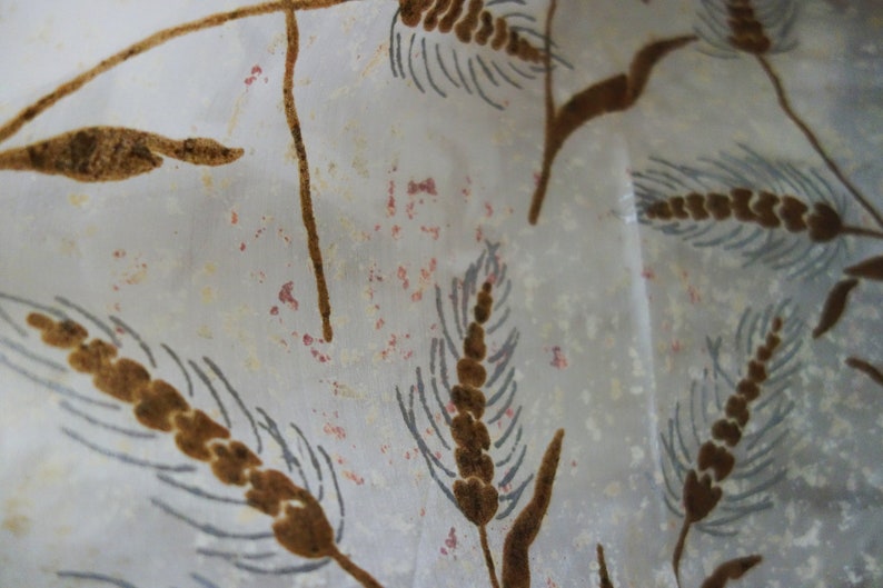 Vintage Taffeta Fabric Cream Colored with BrownMetallic Silver Wheat Design 7 Yards Possibly Painted Silk Please Read Description As Is