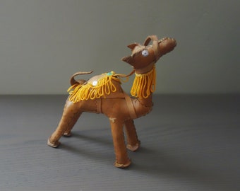 Vintage Leather Camel Doll or Toy, 7" Tall x 6" Long x 2.5 Wide, Damage to Fringe and Leather (Please See Photos), Sequin Eyes and Trim